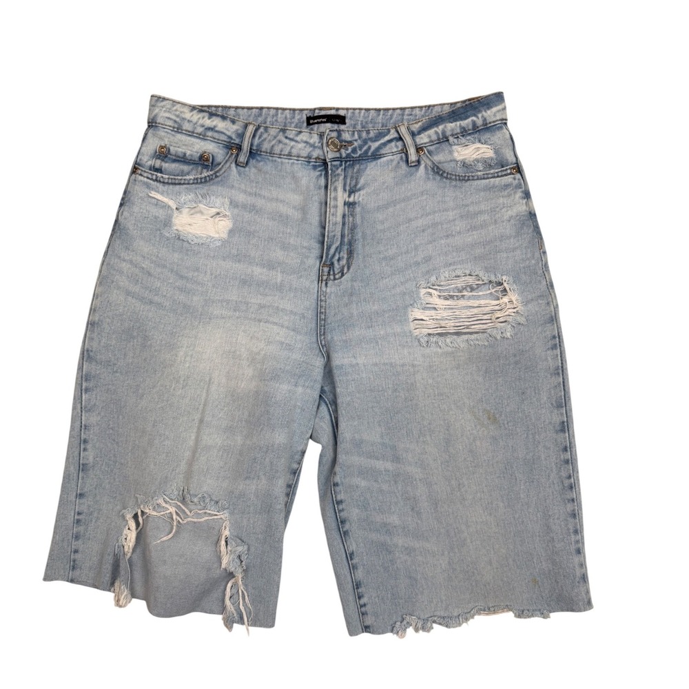BlueNotes Denim Bermuda Shorts Distressed Raw Hem Skater Grunge Thrashed Sz 12